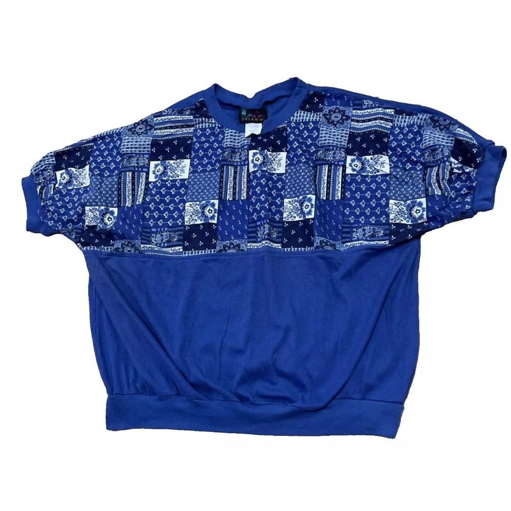 LA DREAMIN Top Women 22W Blue Paisley Cuff Crew Pullover VTG Tee Short Sleeve